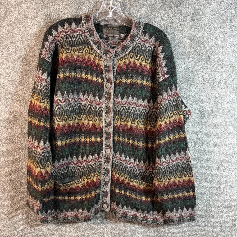 Vintage Sebsatex 100% Alpaca Fair Isle Cardigan Sweater Made in Peru Unisex M/L